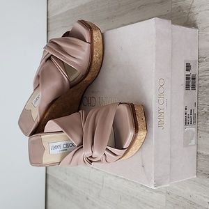 Jimmy Choo Tan Leather Wrap Wedges
